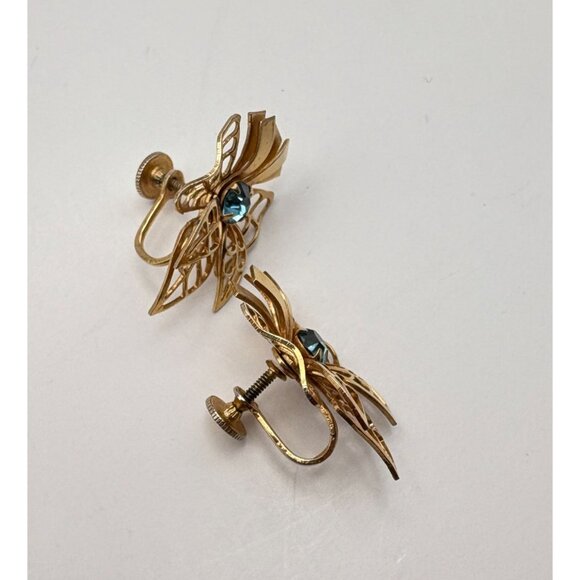 Prestige Blue Rhinestone Gold Tone Earrings Bow Screw Back Ornate Filagree Vtg - Picture 5 of 7